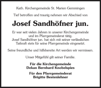 Traueranzeige von Josef Sandhöfner jun. 