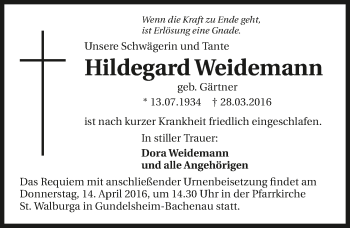 Traueranzeige von Hildegard Weidemann 