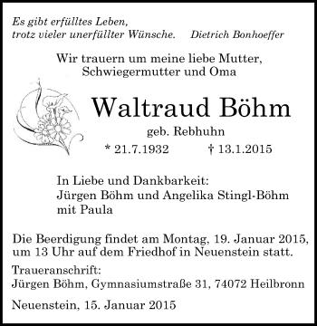 Traueranzeige von Waltraud Böhm 