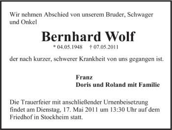 Traueranzeige von Bernhard Wolf 