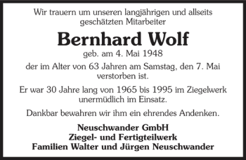 Traueranzeige von Bernhard Wolf 