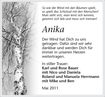 Traueranzeige von Anika Anika 