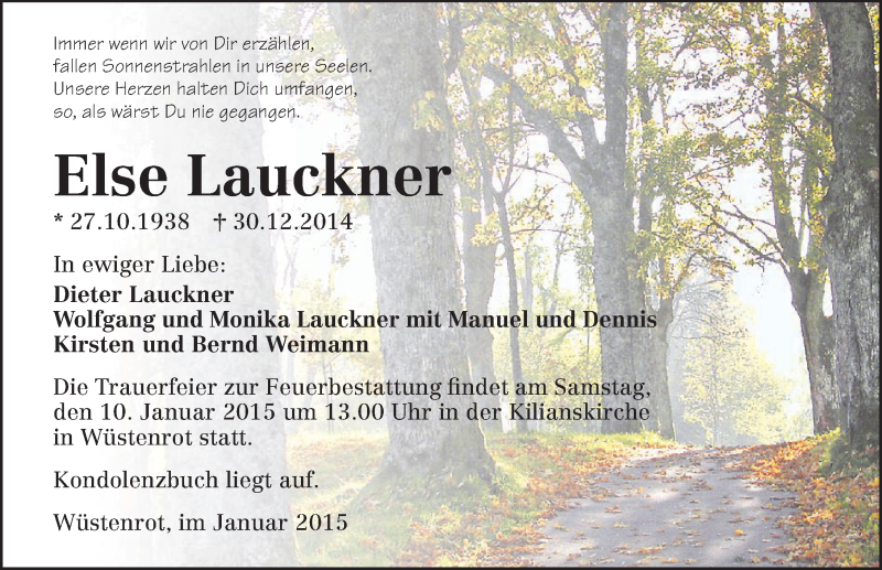  Traueranzeige für Else Lauckner vom 07.01.2015 aus 