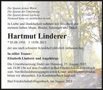 Traueranzeige von Hartmut Linderer 