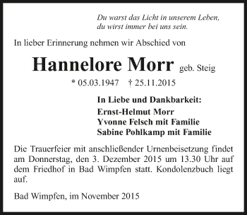 Traueranzeige von Hannelore Morr 