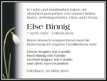 Traueranzeige von Else Binnig 