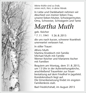 Traueranzeige von Martha Muth 