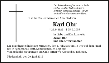 Traueranzeige von Karl Ohr 