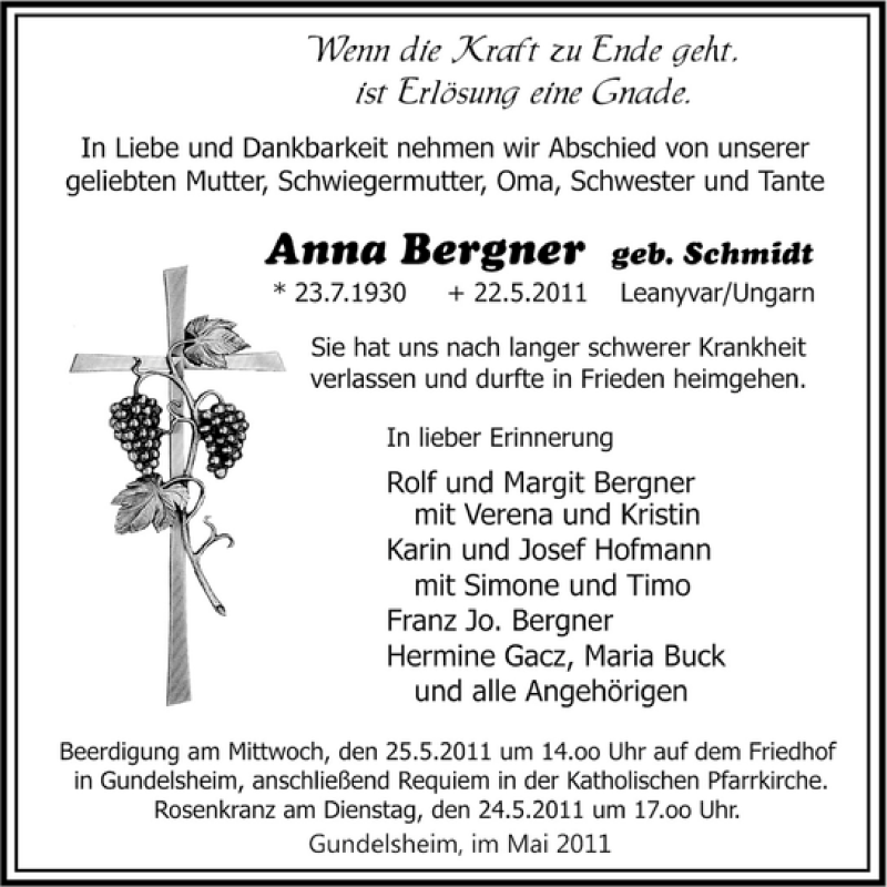  Traueranzeige für Anna Bergner vom 24.05.2011 aus 