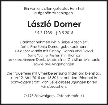 Traueranzeige von Laszlo Dorner 