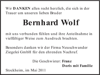 Traueranzeige von Bernhard Wolf 