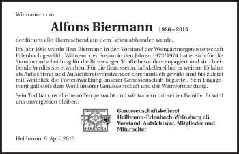 Traueranzeige von Alfons Biermann 