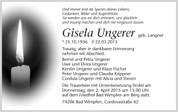 Traueranzeige von Gisela Ungerer 