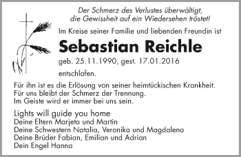 Traueranzeige von Sebastian Reichle 