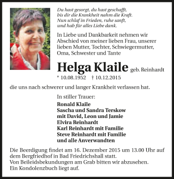 Traueranzeige von Helga Klaile 