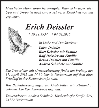 Traueranzeige von Erich Deissler 