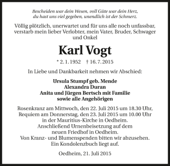 Traueranzeige von Karl Vogt 