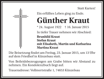 Traueranzeige von Günther Kraut 