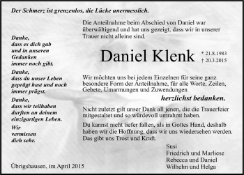 Traueranzeige von Daniel Klenk 