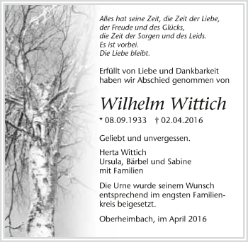 Traueranzeige von Wilhelm Wittich 