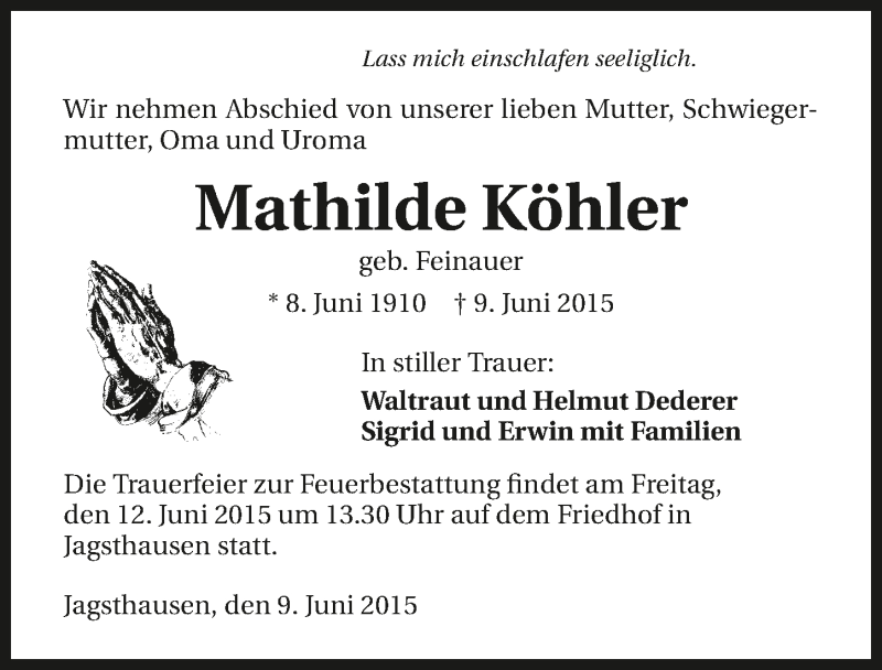  Traueranzeige für Mathilde Köhler vom 11.06.2015 aus 