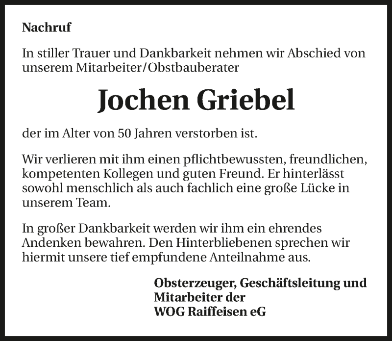  Traueranzeige für Jochen Griebel vom 10.02.2016 aus 