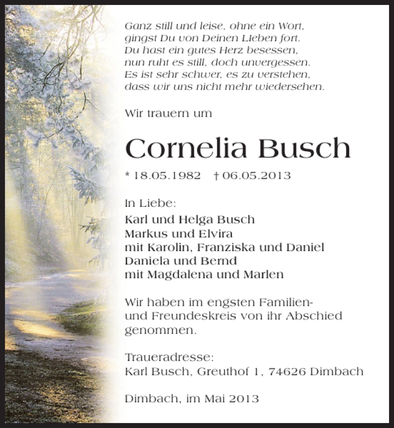  Traueranzeige für Cornelia Busch vom 18.05.2013 aus 