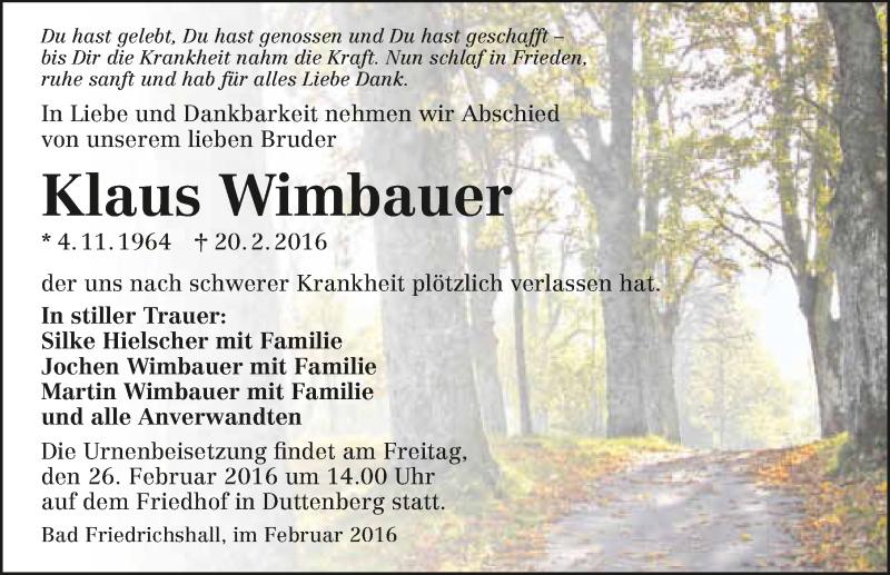  Traueranzeige für Klaus Wimbauer vom 24.02.2016 aus 