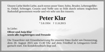 Traueranzeige von Peter Klar 