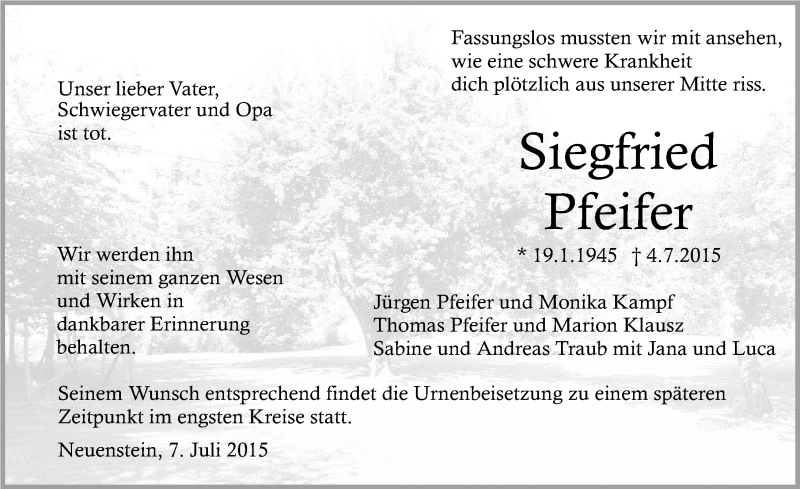  Traueranzeige für Siegfried Pfeifer vom 07.07.2015 aus 