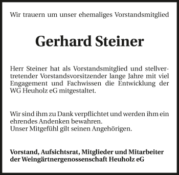 Traueranzeige von Gerhard Steiner 