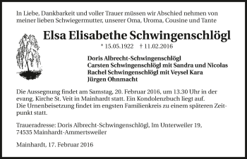 Traueranzeige von Elsa Elisabethe Schwingenschlögl 
