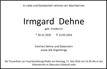 Traueranzeige von Irmgard Dehne 