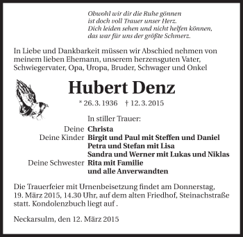 Traueranzeige von Hubert Denz 