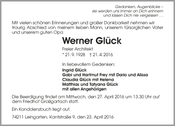 Traueranzeige von Werner Glück 