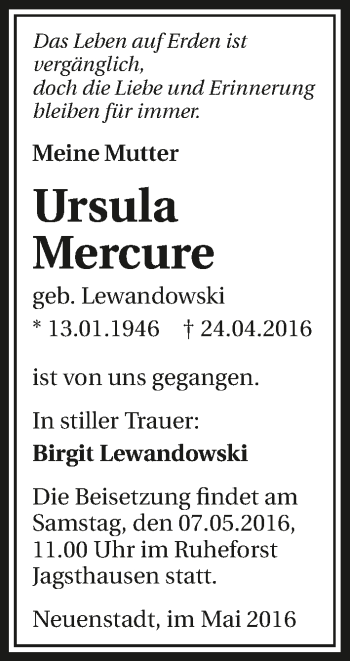 Traueranzeige von Ursula Mercure 