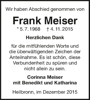 Traueranzeige von Frank Meiser 