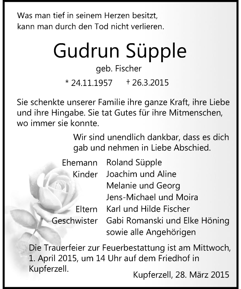  Traueranzeige für Gudrun Süpple vom 28.03.2015 aus 