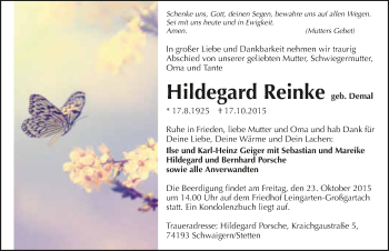 Traueranzeige von Hildegard Reinke 