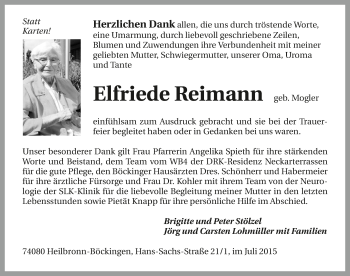 Traueranzeige von Elfriede Reimann 