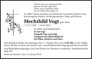 Traueranzeige von Mechthild Vogt 