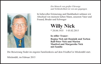 Traueranzeige von Willy Nick 