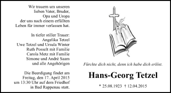 Traueranzeige von Hans-Georg Tetzel 