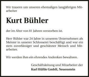 Traueranzeige von Kurt Bühler 