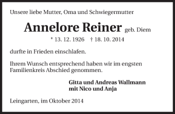 Traueranzeige von Annelore Reiner 