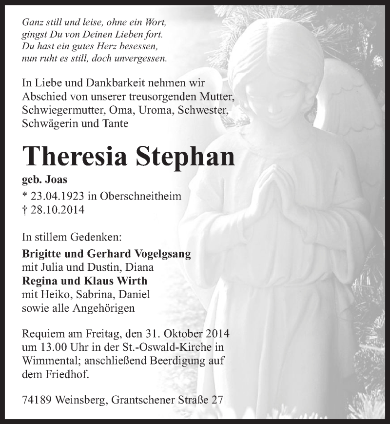  Traueranzeige für Theresia Stephan vom 30.10.2014 aus 