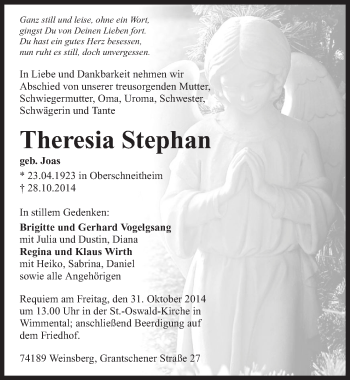 Traueranzeige von Theresia Stephan 