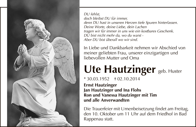  Traueranzeige für Ute Hautzinger vom 06.10.2014 aus 