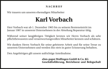 Traueranzeige von Karl Vorbach 