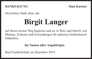 Traueranzeige von Birgit Langer 